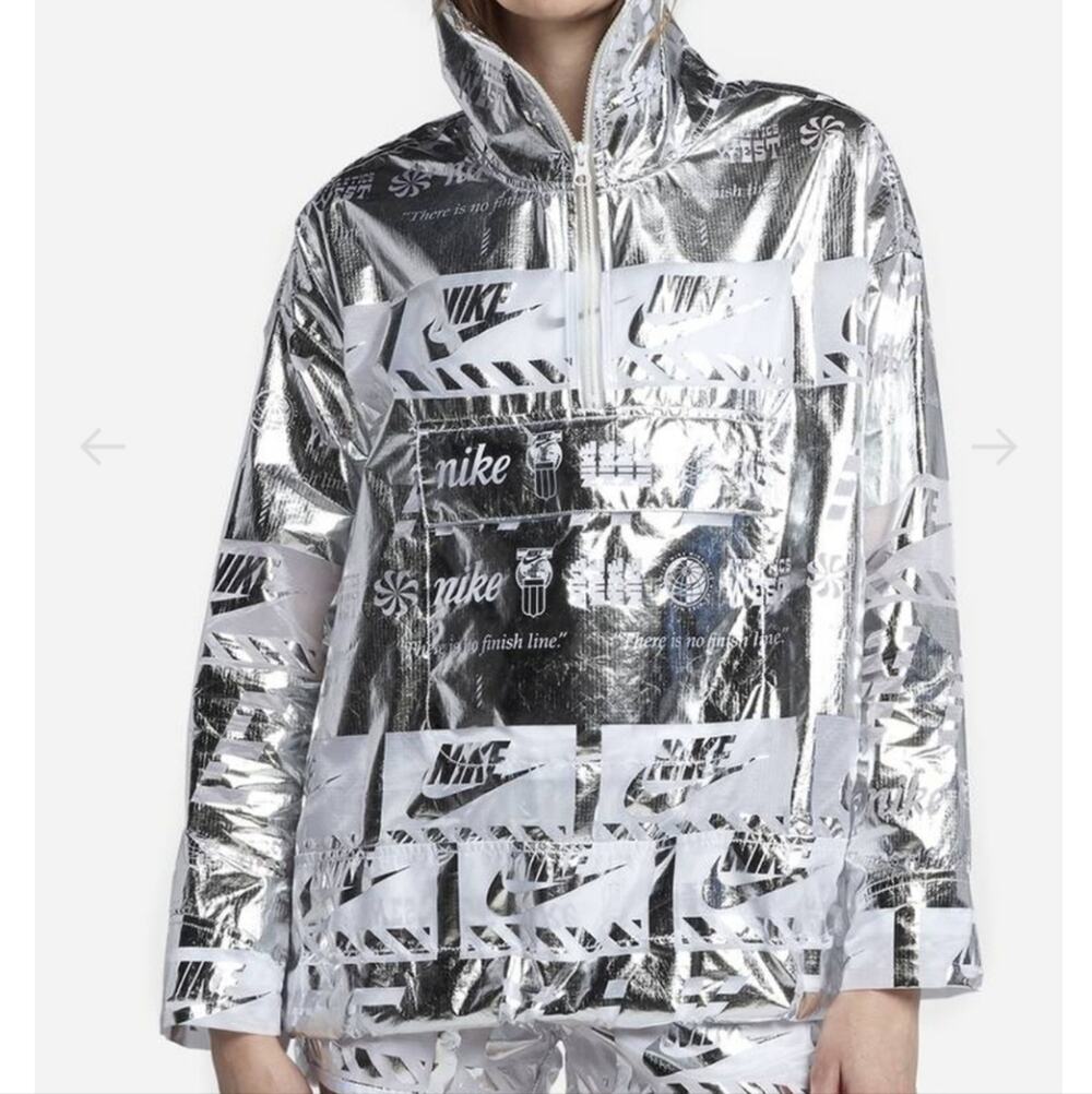 NWOT Nike Mylar Retro 90's Logo Silver Windbreaker (XS)